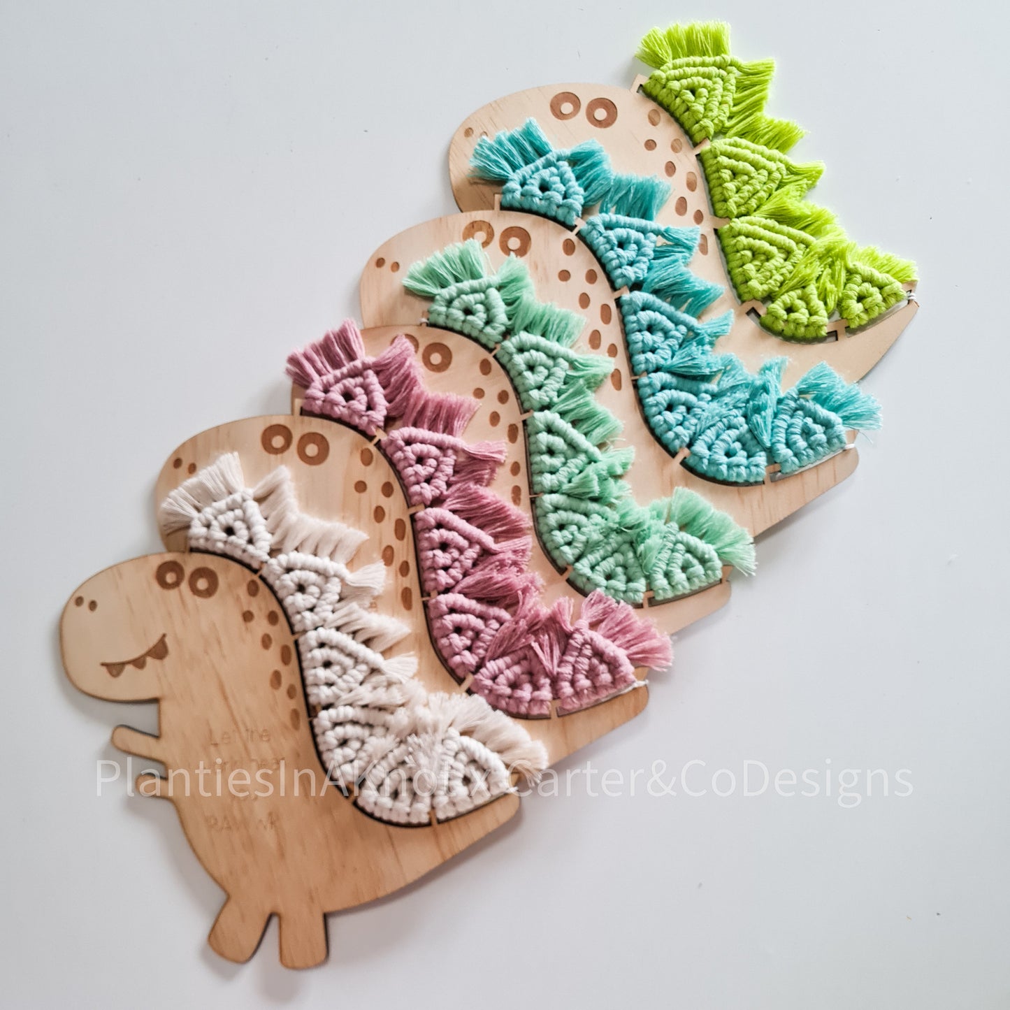 Macrame Dinosaur. Laser Engraved. Personalised. Made with Carter & Co Designs