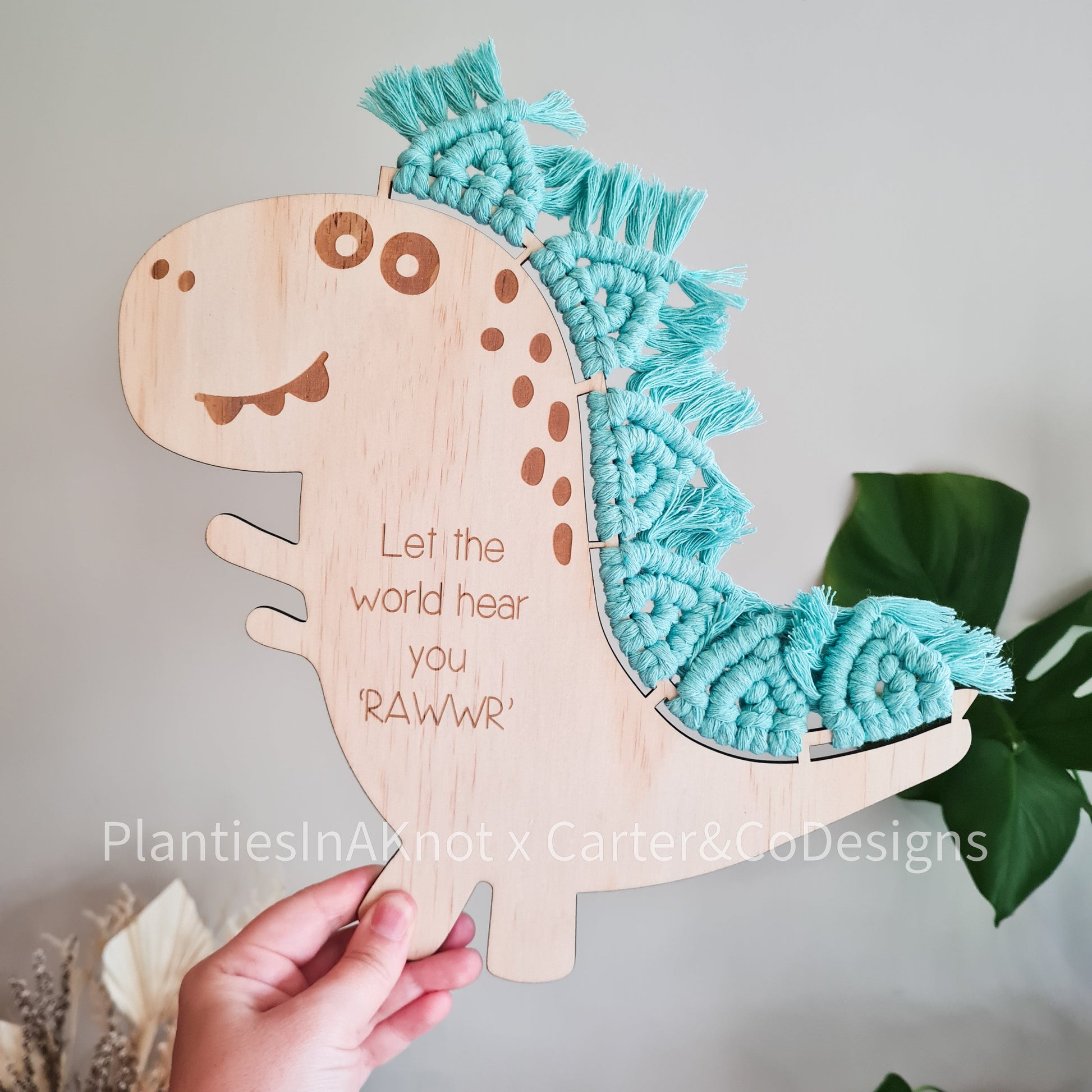 Macrame Dinosaur. Laser Engraved. Personalised. Made with Carter & Co Designs.  Dark Mint