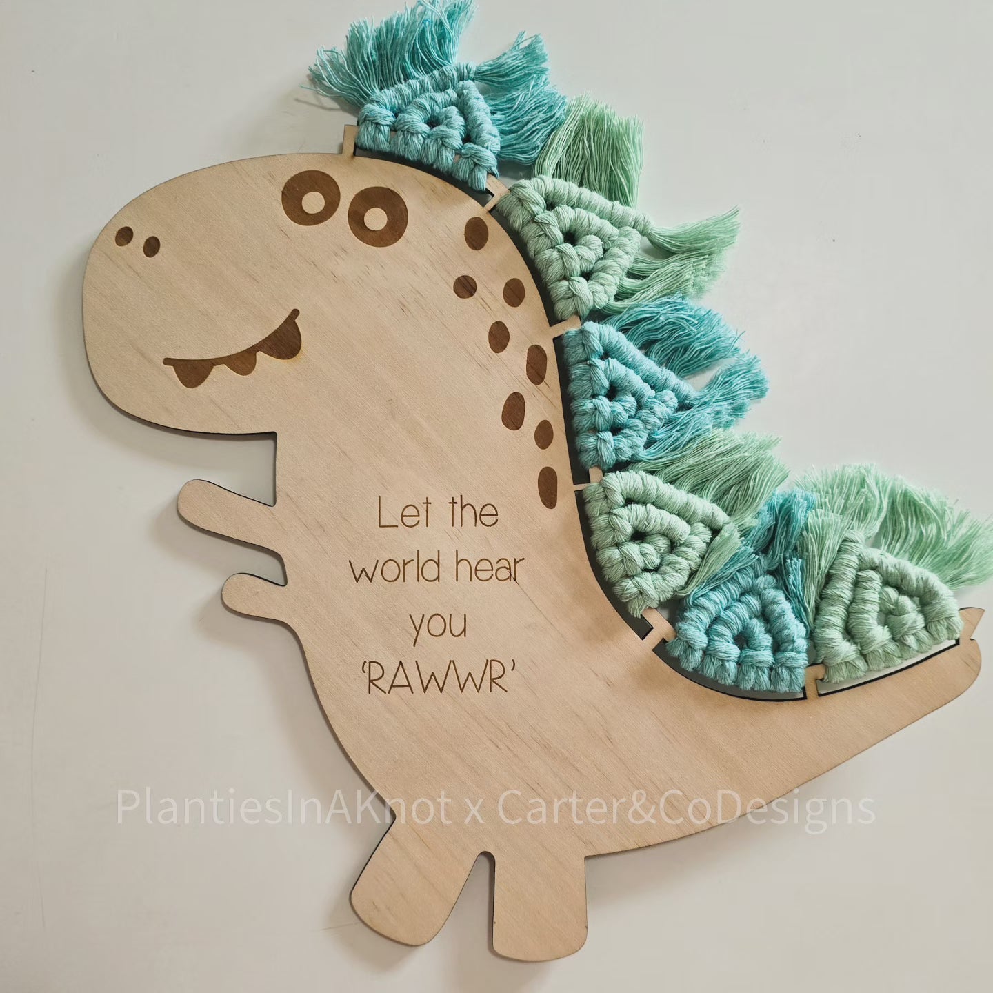 Macrame Dinosaur. Laser Engraved. Personalised. Made with Carter & Co Designs. Green Mint & Dark Mint.