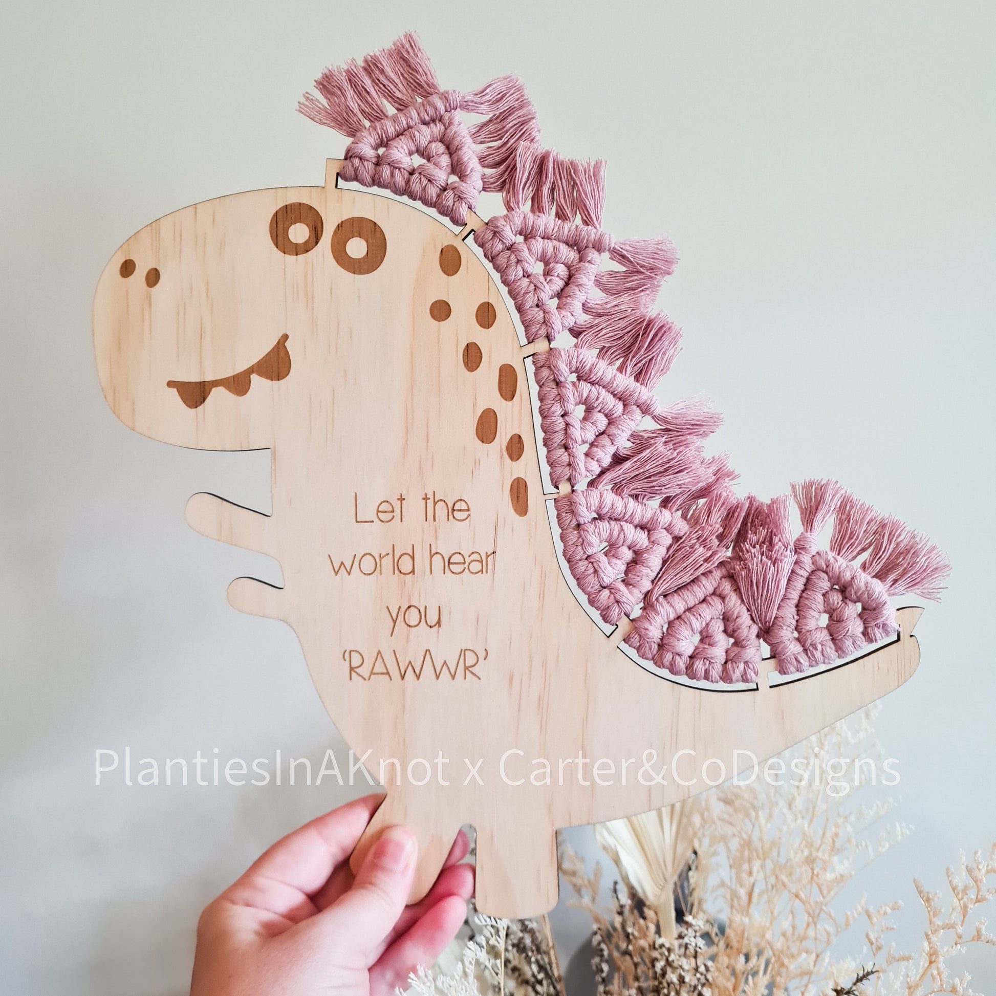 Macrame Dinosaur. Laser Engraved. Personalised. Made with Carter & Co Designs