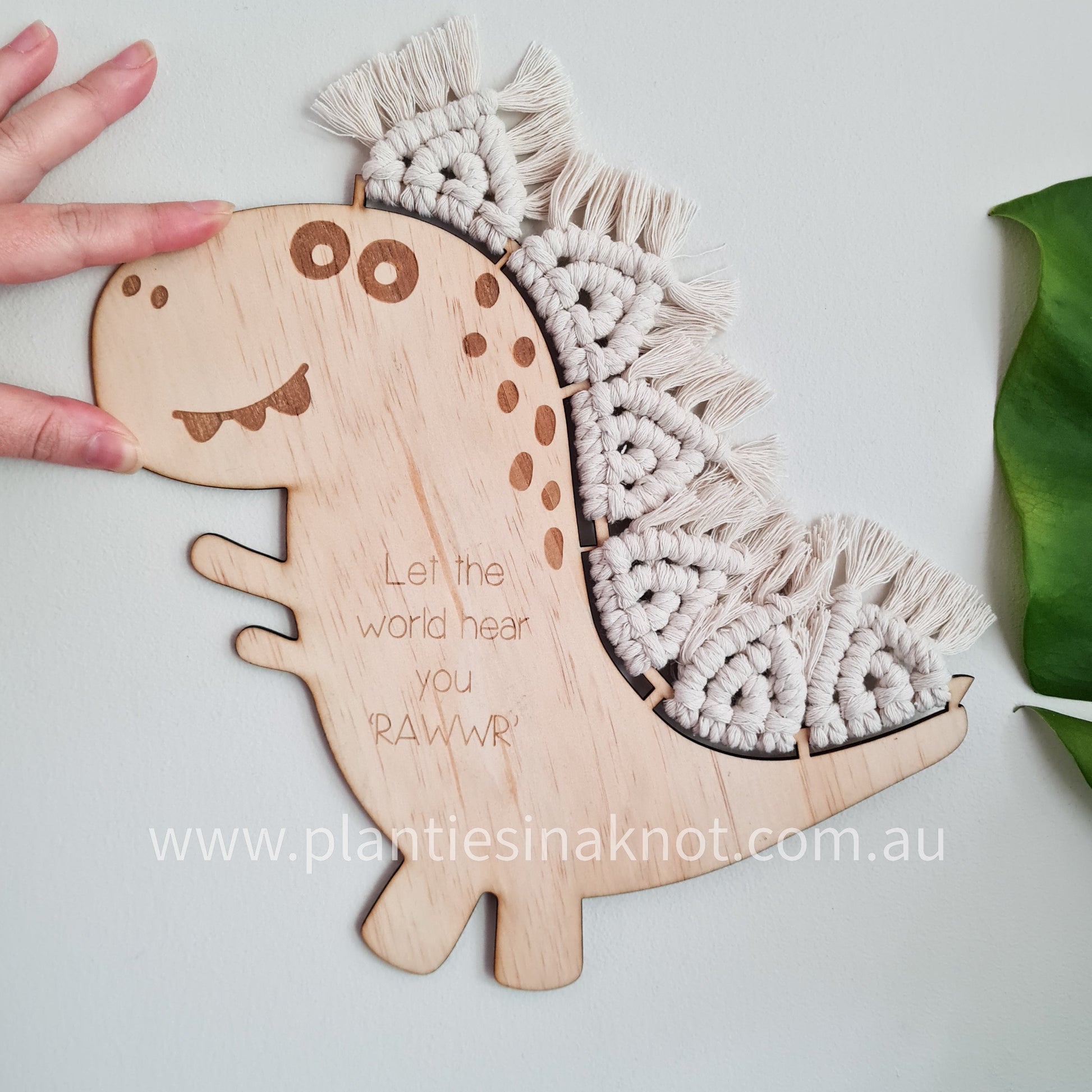 Macrame Dinosaur. Laser Engraved. Personalised. Made with Carter & Co Designs. Natural