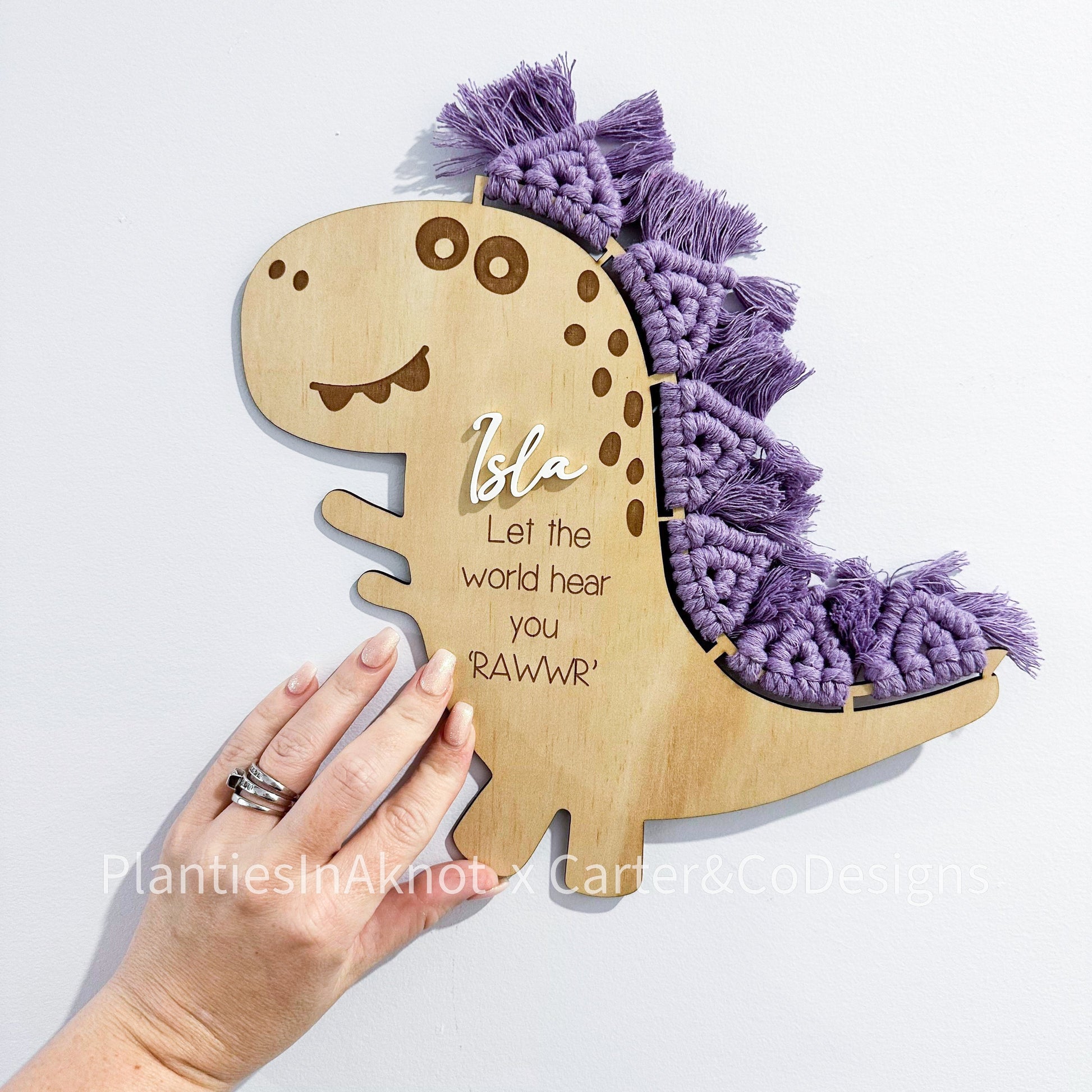 Macrame Dinosaur. Laser Engraved. Personalised. Made with Carter & Co Designs. Purple