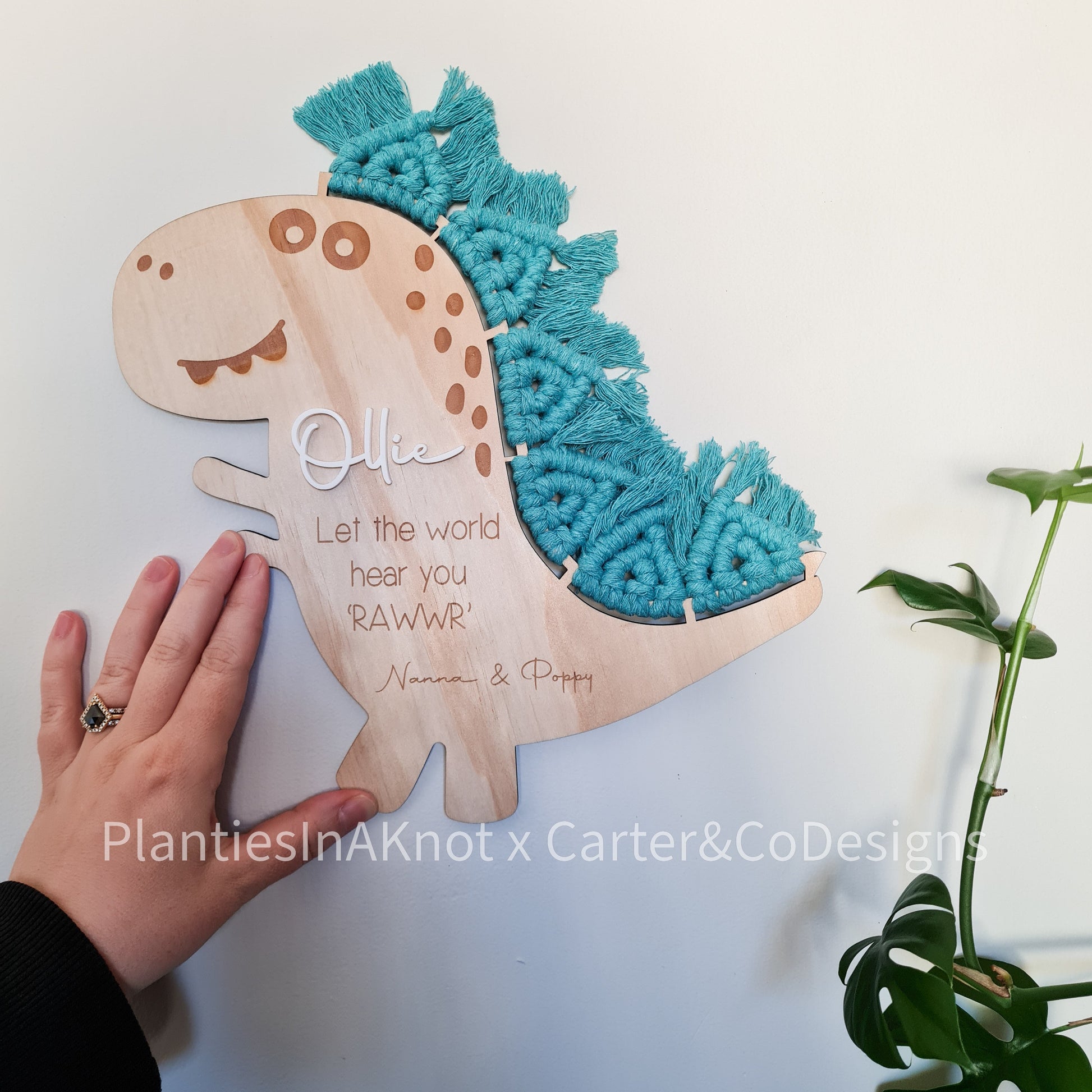 Macrame Dinosaur. Laser Engraved. Personalised. Made with Carter & Co Designs Turquoise