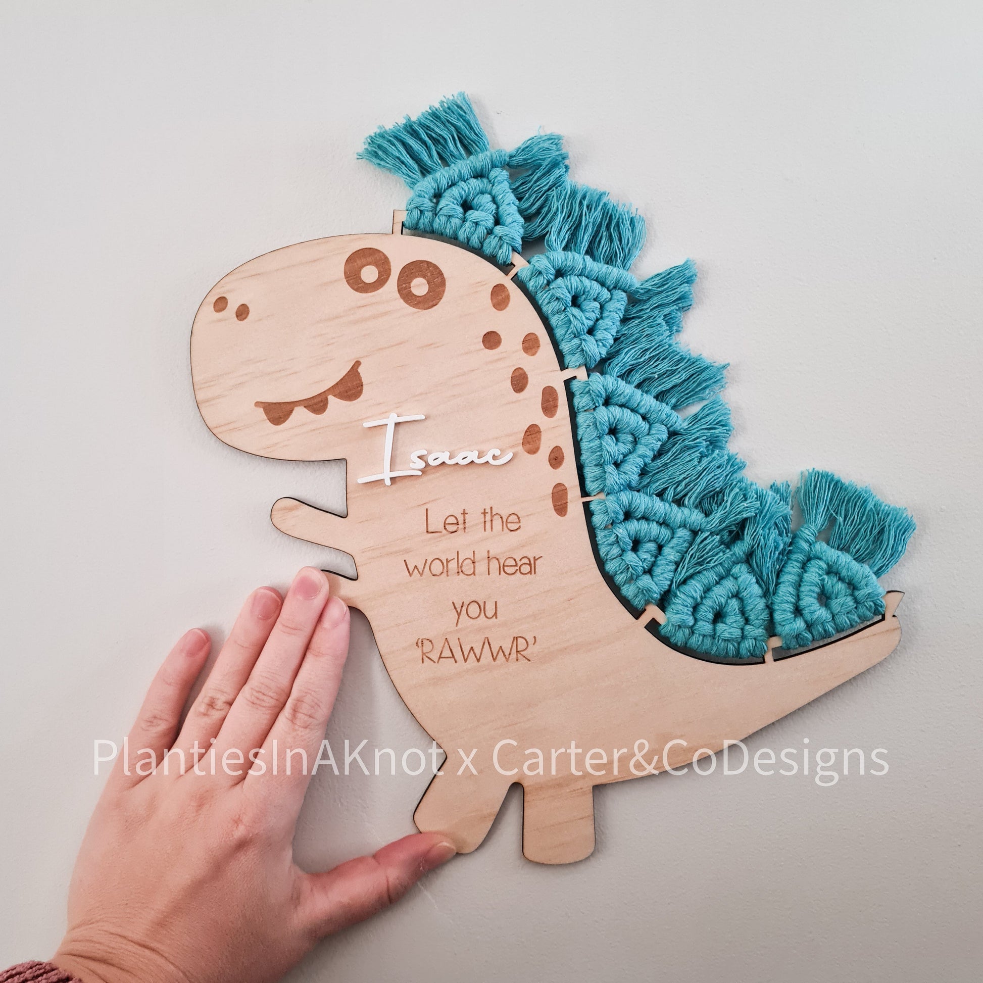Macrame Dinosaur. Laser Engraved. Personalised. Made with Carter & Co Designs