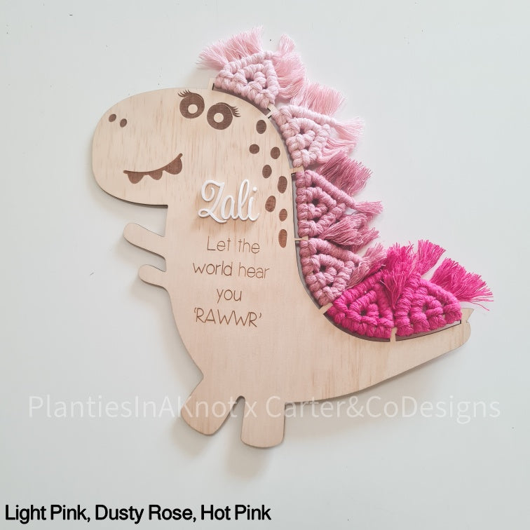 Macrame Dinosaur Decor. Laser Engraved. Personalised. Made with Carter & Co Designs