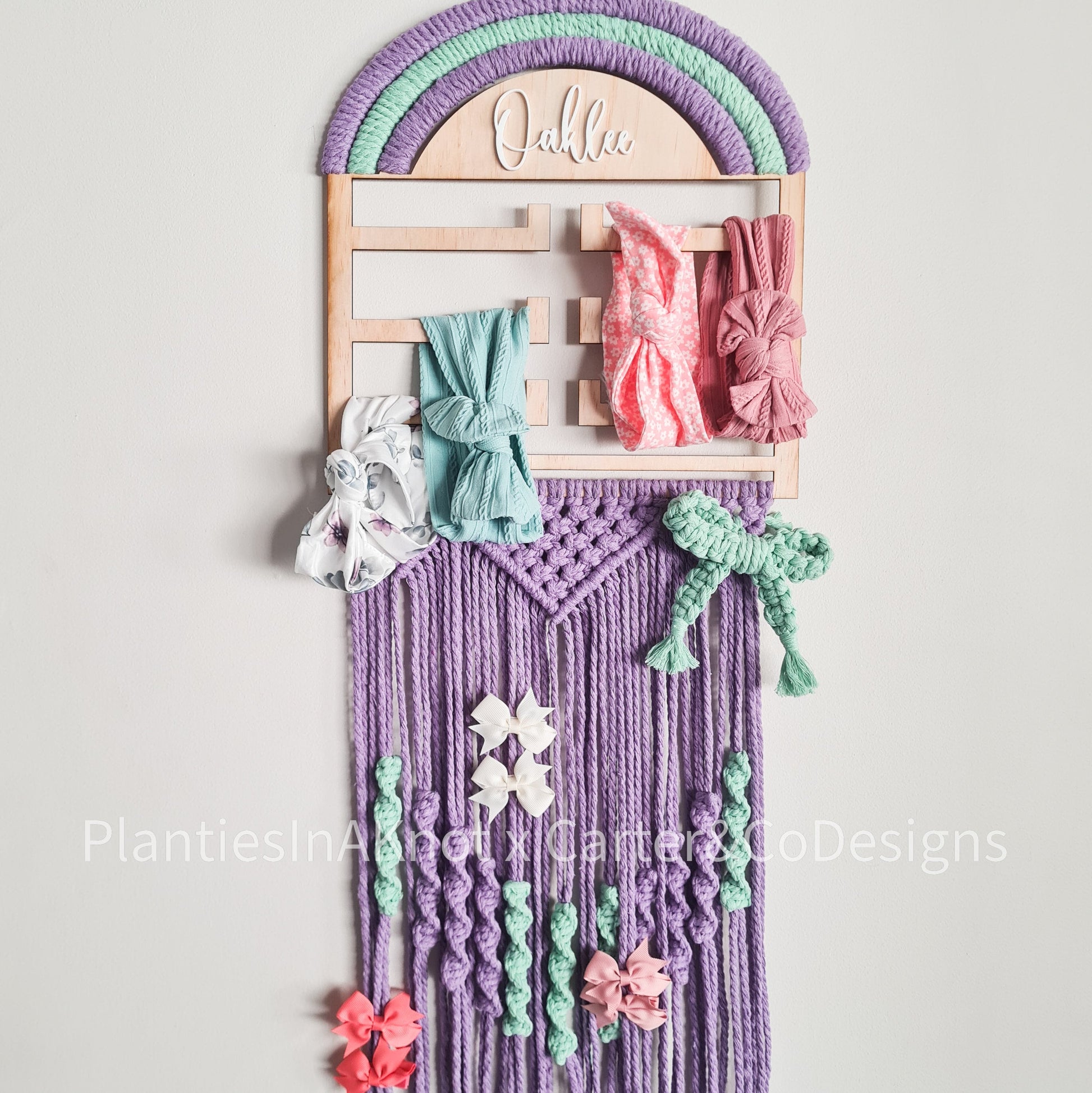 Bow Holder for Hair Bows, Hair Clips, Scrunchies, necklaces, bracelets, scarves, dress up accessories. Optional personalisation. Purple & Mint Green