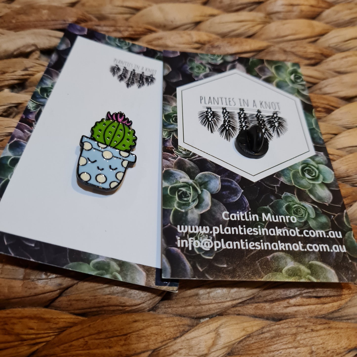 Smiley Succulent Pin - Blue polka dot